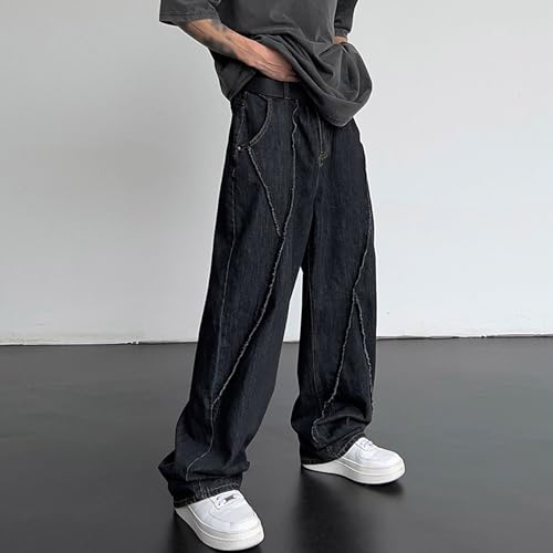 Mens Baggy Jeans Casual Stylish Loose Fit Trousers Splicing Hip Hop Wide Leg Denim Pants Streetwear2