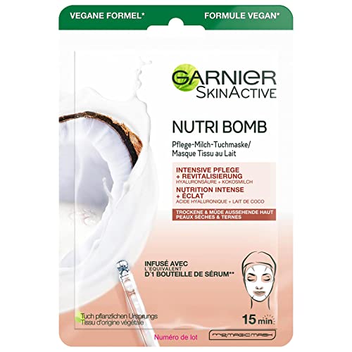 Garnier Tuchmaske, Gesichtsmaske für trockene und müde Haut, Intensive Pflege und Revitalisierung, Vegane Formel mit Kokosmilch und Hyaluronsäure, Nutri Bomb, 28 g