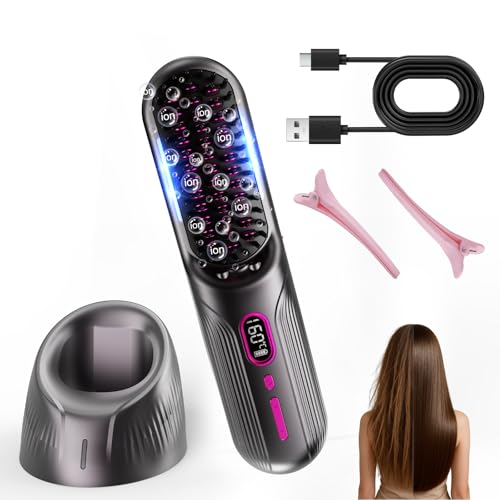 Brosse Chauffante, Brosse Lissante Sans Fil, 12 Réglages de Température (120-230 °C), Lisseur À Ions Négatifs De 9600 mAh, Recharge USB, Mode Avion,...