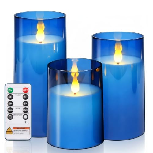 Image of Homemory Blue Flameless LED Pillar Candles with Remote Timer, Set of 3