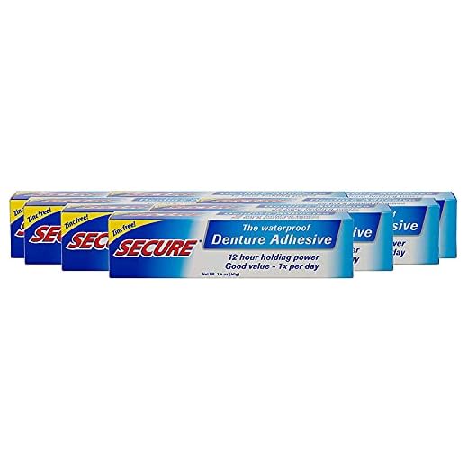 Secure Waterproof Denture Adhesive - Zinc Free - Extra Strong Hold for Upper, Lower or Partials - 1.4 oz (Pack of 8)