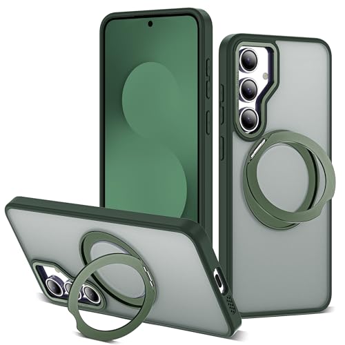 Image of for Samsung Galaxy S25 FE Case with 360 Rotatable Magnetic Ring Stand Compatible with Mag-Safe Military Protection Shockproof Matte Translucent Phone Cases for S25 FE,Dark Green