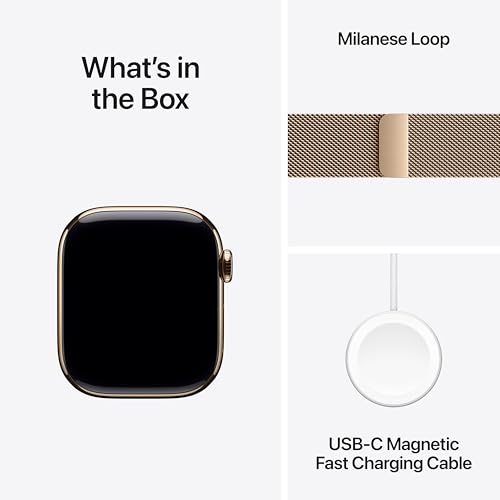 Image of Apple Watch Series 11 [GPS + Cellular 42mm] Smartwatch with Gold Titanium Case with Gold Milanese Loop. Sleep Score, Fitness Tracker, Health Monitoring, Always-On Display, Water Resistant