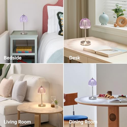 Image of Shenmoyl Tulip Table Lamp with 5200mAh Battery & Touch Control, Cordless Small Table Lamp with 3 Colors, Dimmable Rechargeable Table Lamps for Living Room, Bedroom, Desk, Bedside (Clear Purple Tulip)