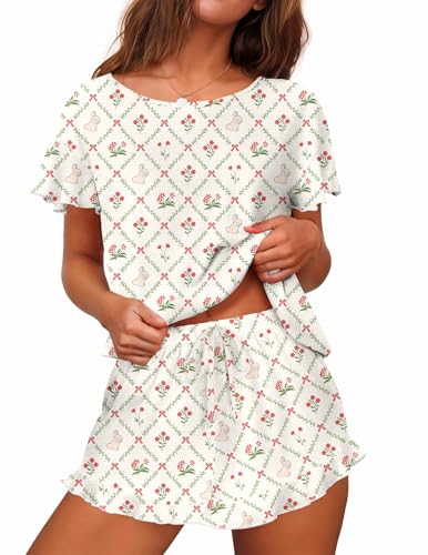 Image of Ekouaer Women's Pajama Set Ruffle Sleeves Top and Short | 2 Piece Ruffle Hem Sleeves Top and Shorts Pjs Set, Soft Short Sleepwear Set, Elastic Waistband Design