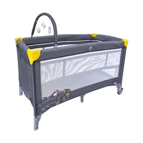 Asalvo COMPLET DÚO Cuna de Viaje, Doble Altura, Doble Bloqueo de Seguridad, Arco de Juegos, Plegado Compacto, Base Acolchada, Bolsa de Transporte, Desde el Nacimiento hasta 15 kg, Perrito Gris