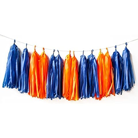 AIM & GGKK Navy Blue And Orange Tassel Garland Banner Tissue Paper Tassels for Party Suppiles Decorations,Wedding Decorations,Nursery Decor,Engagement,Football Party, DIY Kits,(20PCS) Cover
