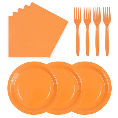 75Pcs Orange Paper Plates and Napkins Party Supplies Set Fall Disposable Plates Party Supplies Includes Paper Napkins Forks Decorations for Fall Pumpkin Birthday Halloween Christmas Serves 25