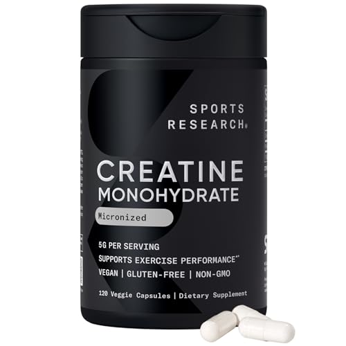 Sports Research® Creatine Monohydrate Capsules - Supports Workout Recovery, Lean Muscle gain, Performance and Strength* - Non-GMO, Vegan Certified - 5g per Servings - 30 Servings
