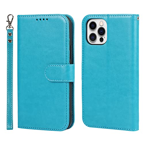 Cavor for iPhone 12 Pro Max Wallet Case for Women Flip Folio Kickstand PU Leather Case with Card Holder Wristlet Hand Strap Stand Protective Cover for iPhone12 Pro Max 6.7'' Phone Cases-Sky Blue