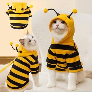 Selena Cat Bee Antennae Costume Hoodies Cute Bee Stripes Dog Kitten Puppy Pet Apparel X-Small,Yellow&Black