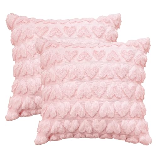 AVOIN colorlife Happy Mother's Day Love Heart Throw Pillow Cover Set of 2, 18 x 18 Inch Pink Soft Plush Faux Fur Jacquard Cushion Case Decoration for Sofa Couch