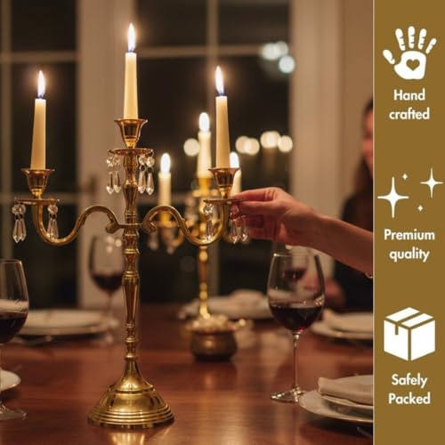 Image of Premium 16 Inch Golden Aluminum 3-Arm Candle Stand with Crystal Hangings | Luxury Centerpiece for Home Decor, Weddings, Festive Decoration & Dining Table