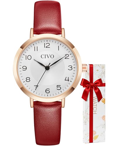 CIVO Damen Uhr Wasserdicht Klein Analog Quarz Armbanduhr Damen Lederarmband Minimalistisch Kreative Uhr für Frauen Rot