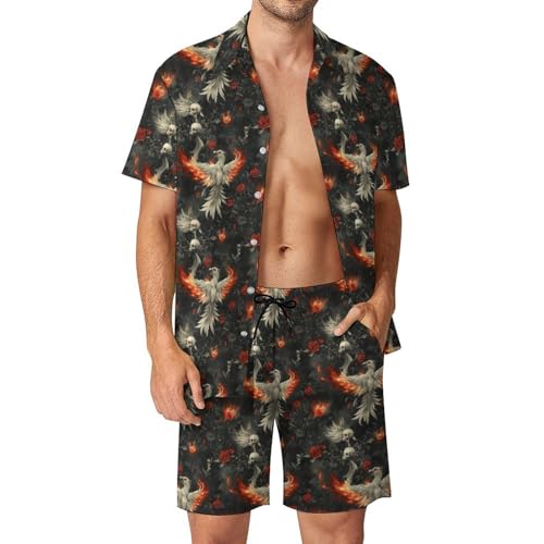 Lyngora Gothic Skull Flame Bird Print Mens Summer Vacation Cruise