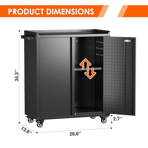 Image of Garage Storage Cabinet with Wheels & Pegboard, 31.5 inch H Locking Metal Tool Storage Cabinet with Doors and Shelf & 4 Hooks for Garage, Home, Workshops, Assembly Required, Black