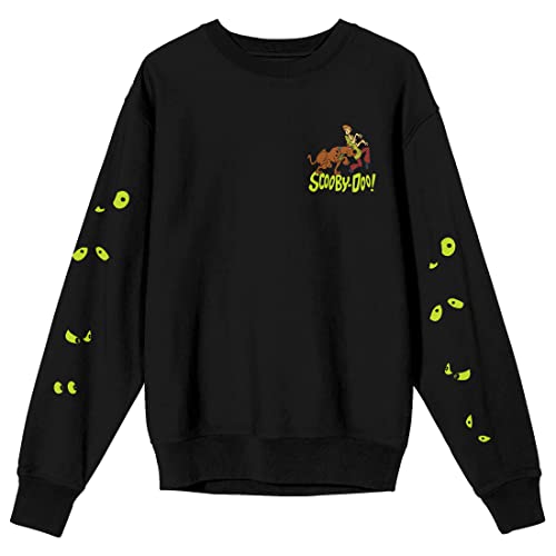 Bioworld Scooby Doo Scared Scooby And Shaggy Green Eye Sleeves Crew Neck Long Sleeve Mens Black Sweatshirt-XL