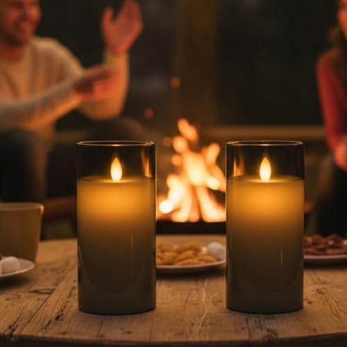 Image of LTETTES Real Wax LED Glass Pillar Flameless Rechargeable Candles | Grey Glass | USB Type-C Wireless Charging Cable | Remote Control Included | Home Decor & Gifting | Set of 1 (7.5 x 15.8 cm)