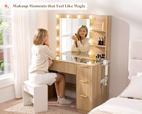 Image of AMERLIFE 36.2 inch Fluted Vanity Desk with Mirror and Adjustable LED Lights, Large 4 Drawers Makeup Table with Glass Top and Charging Station for Women and Girls, Bedroom or Dorm, Natural Oak