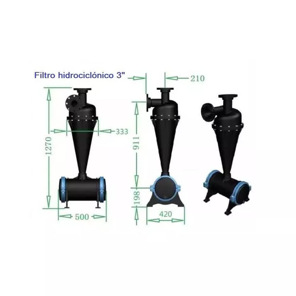 Filtro hidrociclónico de plástico de 3" fabricado para la purificación de agua. Filtro para agua con un caudal de 100 m3/h. Filtro de arena adecuado para la primera filtración de aguas de riego