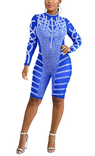 Aro Lora Women's Sexy Long Sleeve See Through Glitter Rhinestone Bodycon Jumpsuit Romper Clubwear Large Blue