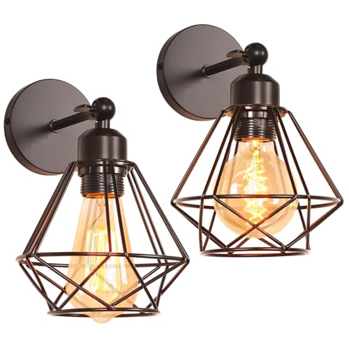 iDEGU 2 Piezas Lámpara de Pared Vintage 16cm Aplique Pared Interior Industrial Diseño Jaula de Metal Ajustable Iluminación de Techo E27 Luz de Muro para Salón Dormitorio Pasillo Café (Tipo-C, Negro)