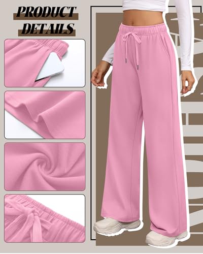 Riyiper Pacote com 3 calças de moletom femininas de perna larga com cordão, calça reta e cintura elástica, calça de moletom com bolsos, Rosa, cinza claro, preto, XGG