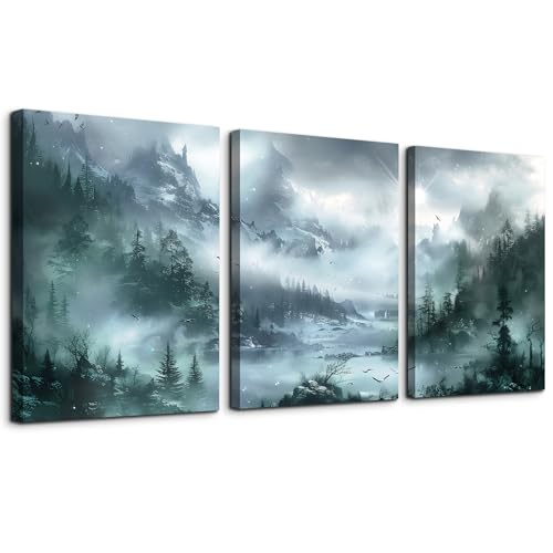 DZRWUBHS Wall Art For Living Room Canvas Wall Decor For Bedroom Office Wall Decorations Misty Forest Landscape Wall Paintings Modern Room Wall Pictures Artwork Home Decor Ready To Hang 3 Pieces