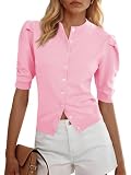 Saodimallsu Womens Puff Short Sleeve Cardigan Sweater Lightweight Knit Spring Summer Crew Neck Button Down Tops Pink