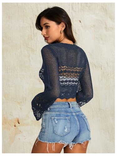 Image of OYOANGLE Women's Crochet Tie Front Sweater Cardigans Bell Sleeve Knitted Cropped Bolero Shrug Cardigan