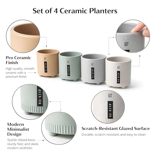 Image of Xtore Elegant Ribbed Ceramic Planter Set for Indoor Plants | Modern Minimal Desk & Shelf Pots with Raised Base (Pack of 4, Planter only)