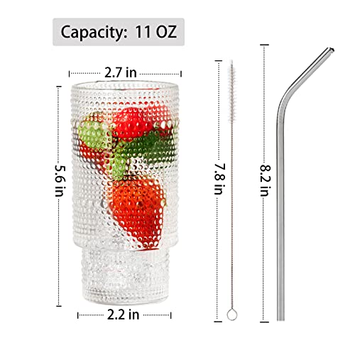 Cocktail Glasses Hobnail Drinking Glasses - Vintage Glassware Set Of 4 With Straw - Romantic Stackable Highball Embossed Glasses Drinking For Cocktail Whiskey Coffee Juice Water - Dishwasher Safe #TOP4
