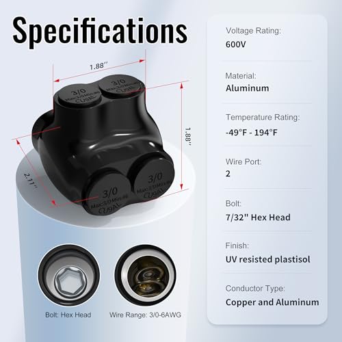 Image of RVBOATPAT Insulated Multi Tap Connector 3 /0-6 AWG 2 Port Aluminum Wire Connector Black Electrical Cable Connectors Dual Entry 7 /32 inch Allen Hex - 6 Pack