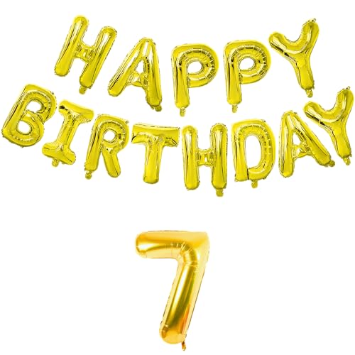 Image of Flyloons 7th Golden Colour Happy Birthday Foil Balloon Banner Set For 7 Year Old Boys Girls Kids | With Number Seven | 13 Letters Reusable Happy Birthday Metallic Foil Balloons Decoration Kit, 14 Pcs