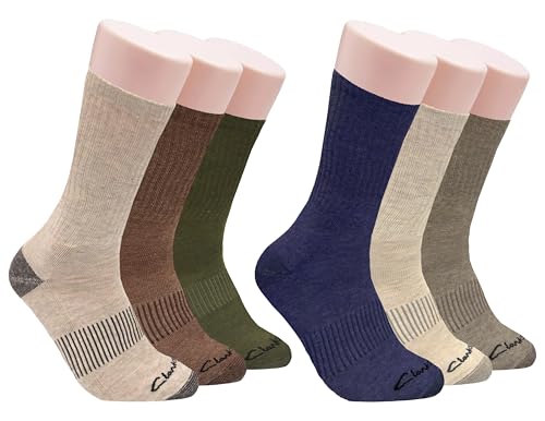 Clarks Men's Casual Half Cushion Crew Socks 6 Pair, Khaki/Brown/Olive/Denim/Shell/Stone, Men's 7-12 Shoe