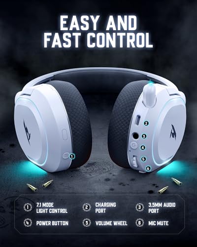 Image of Wireless Gaming Headset, 7.1 Surround Sound, 2.4GHz USB Gaming Headphones with Bluetooth 5.4, 100H Battery, ENC Noise Canceling Mic, RGB Light, Wireless Headset for PC PS5 PS4 Mac Switch (Black-White)