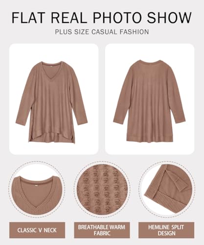 Image of RITERA Plus Size Women Sweaters Waffle Knit Pullover Top Long Sleeve Casual Crewneck Shirt Loose Split Hem Fall Winter Blouse