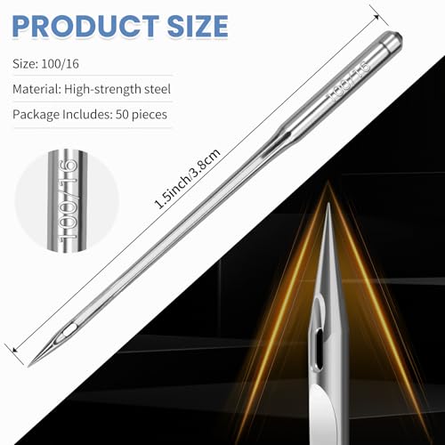 BZHYZKX Universal Sewing Machine Needles - 50 PCS Size 100/16 Heavy Duty Sewing Machine Needles for Leather, Jeans, Canvas, Heavy Fabrics, Compatible with Home Sewing Machine - Thumbnail 3