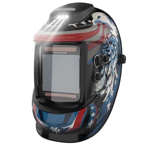 YESWELDER Auto Darkening Welding Helmet with Rechargeable Fan and Light, 3.93'X3.66'Large View 1/1/1/1 True Color 4 Arc Sensor Solar Powered Welding Hood, 3/5-9/9-13 Wide Shade Weld Mask LYG-30800H-BE