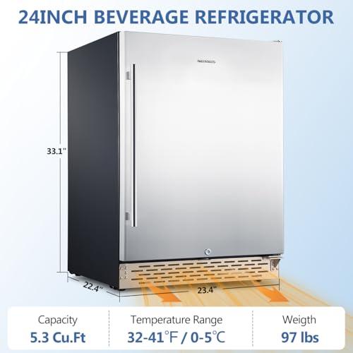 Image of Phiestina Beverage Refrigerator 24Inch, 172 Cans Indoor /Outdoor Undercounter Beverage Cooler Refrigerator Stainless Steel Beer Fridge with Safety Lock Built-in /Freestanding-Silver Foam Door