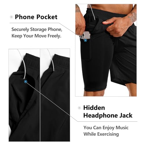 TENJOY Men's 2 in 1 Running Shorts 5 in or 7 in Quick Dry Gym Athletic Workout Shorts for Men with Phone Pockets4