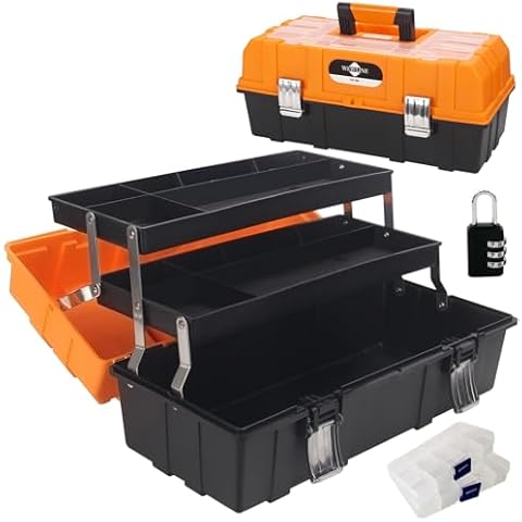 WEWLINE 17-Inch Tool Box Organizer 3-Layer Multiplication Plastic Storage Toolbox with Portable Handle Perfect for Home Office Car Trunk Cover