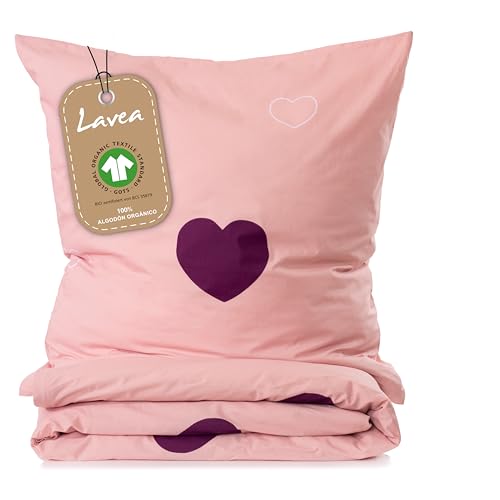 Lavea® Juego de Cama Infantil de 100% Algodón Orgánico con 1 Funda Nórdica 100x135 cm + 1 Funda de Almohada 40x60 cm – Suave, Transpirable y Certificada Gots – Diseño Corazón Rosa y Burdeos
