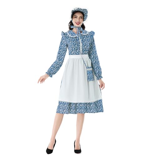 Robe de pionnière américaine costume avec tablier blanc et capuche
