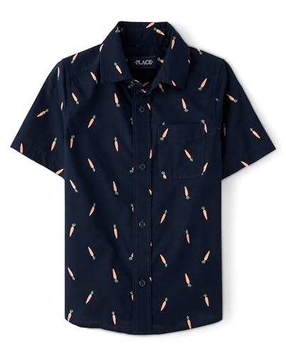 The Childrens Place Boys Short Sleeve Button Down Shirt Navy Carrot Medium