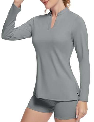 LOVRUBY Women's Golf Polo Shirts, UPF 50+ V-Neck Long Sleeve Collarless Quick Dry Tennis Running T Shirt Golf Tops for Women