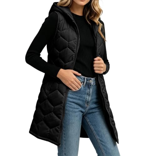 XOGWVJ Vest for Women Lightweight Womens Puffer Vest Long Hooded Quilted Sleeveless Winter Coat Full Zip Warm Longline Vests with Pockets Fall Clothes Black L - image 7