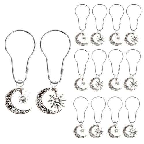 12 Pieces Shower Curtain Hooks, Decorative Moon Star Sun for Bathroom, Rust Proof Metal Stainless Steel Curtain Ring Gothic Bathroom Set Mid Century Abstract Boho Shower Curtain Hooks