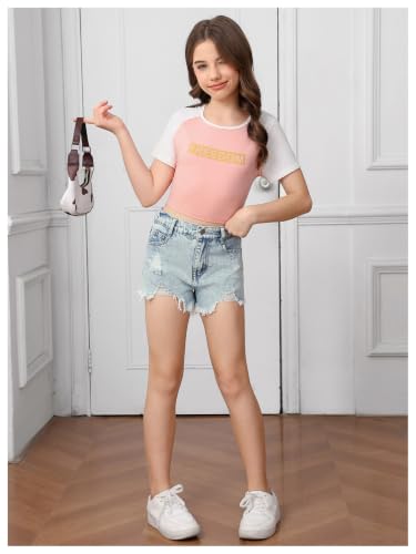 Image of Floerns Girl's Ripped Raw Hem Elastic Waist Straight Leg Denim Shorts with Pockets