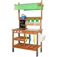 Wooden Kids Outdoor Play Toy Mud Kitchen with Adjustable Canopy, Faucet, Sink, Blackboard, Stoves, Cooking Accessories and Storage, Wooden Kids Kitchen for Boys Girls 3+
